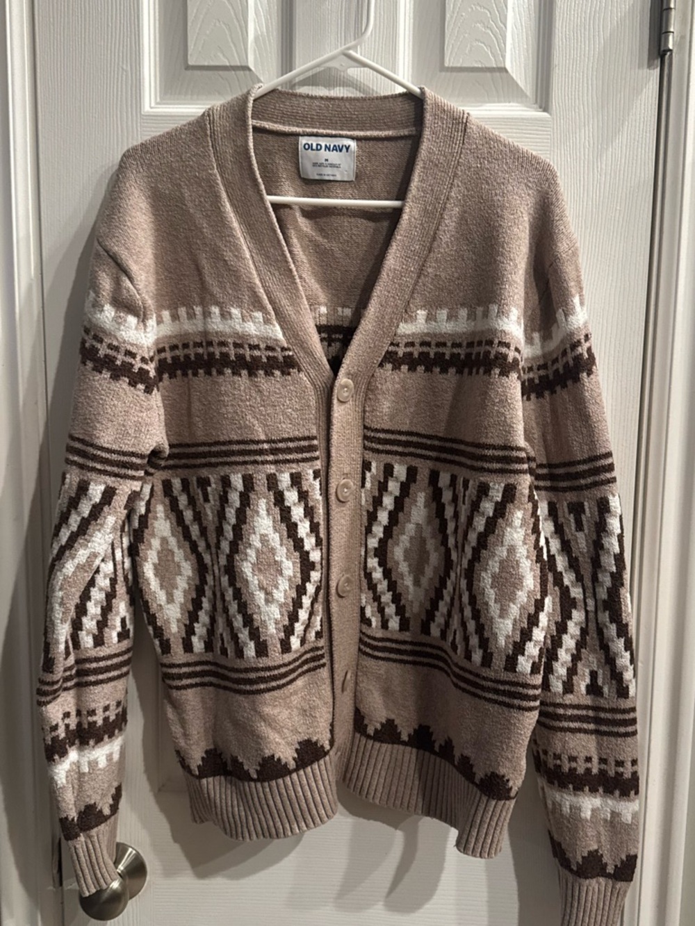 Old Navy Cotton Tan and Brown Geometric Button-Up Cardigan